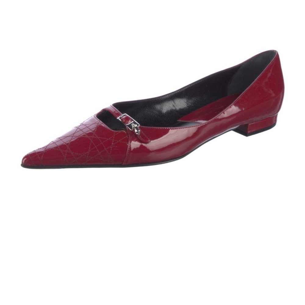 Christian Dior Cannage Patent Leather Flats Burgundy Red Point Toe Ballet Sz 38
